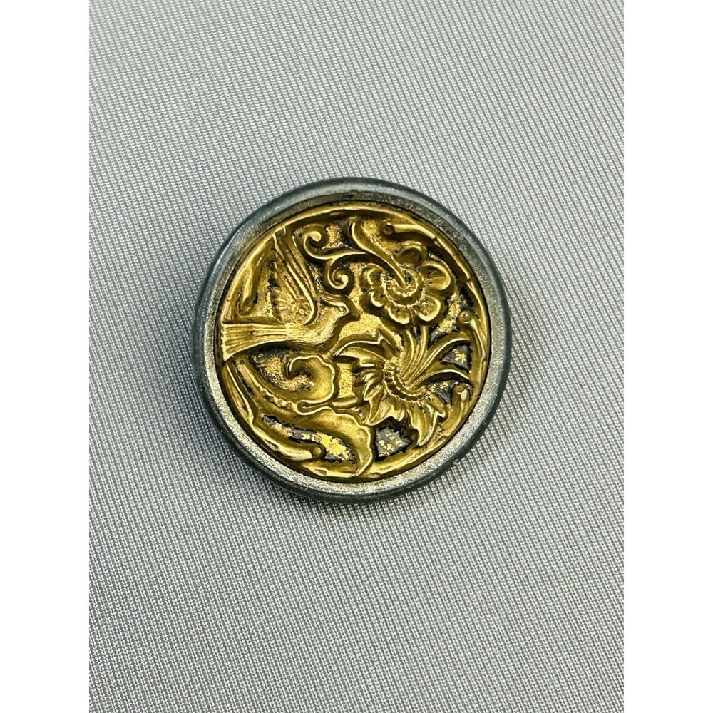 Bird‎ And Flowers Antique Metal Loop Picture Button